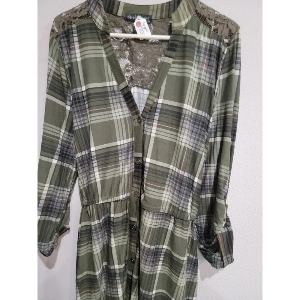 Derek Heart Womens 2X Olive‎ Green Belted Shirt Dress Long Sleeve Lace Back NWT